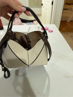 Zara Cream Canvas Mini Bag with Brown Leather Trim